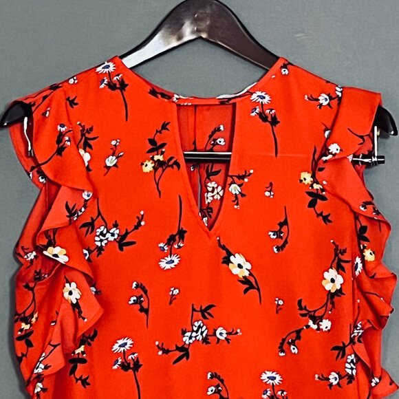 Crescent & Willough Red Floral Flutter Sleeve Blouse Women's L - Picture 3 of 6
